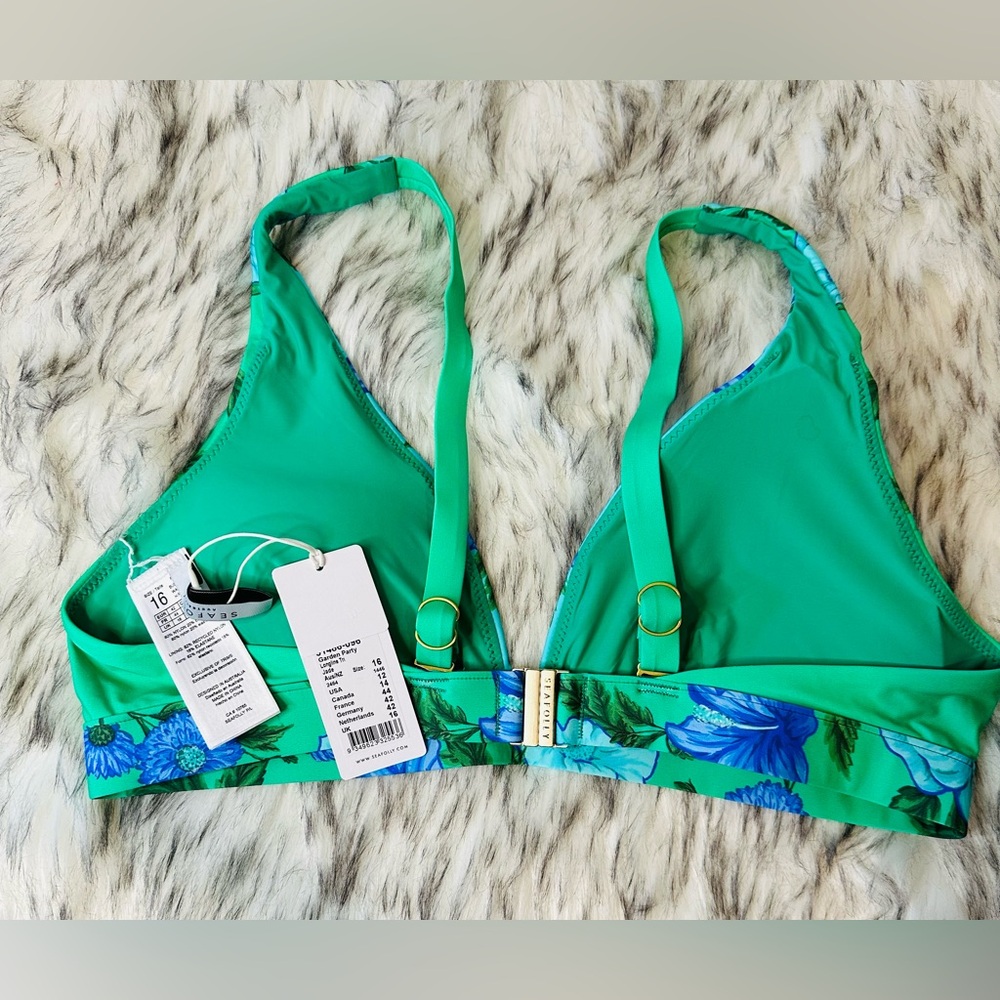 Seafolly Green and Blue Floral Bikini Top Garden Party Print Longline Tri USA 12 - Picture 3 of 3